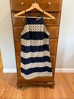Lilly Pulitzer Navy Dress with Cream Lace Stripes